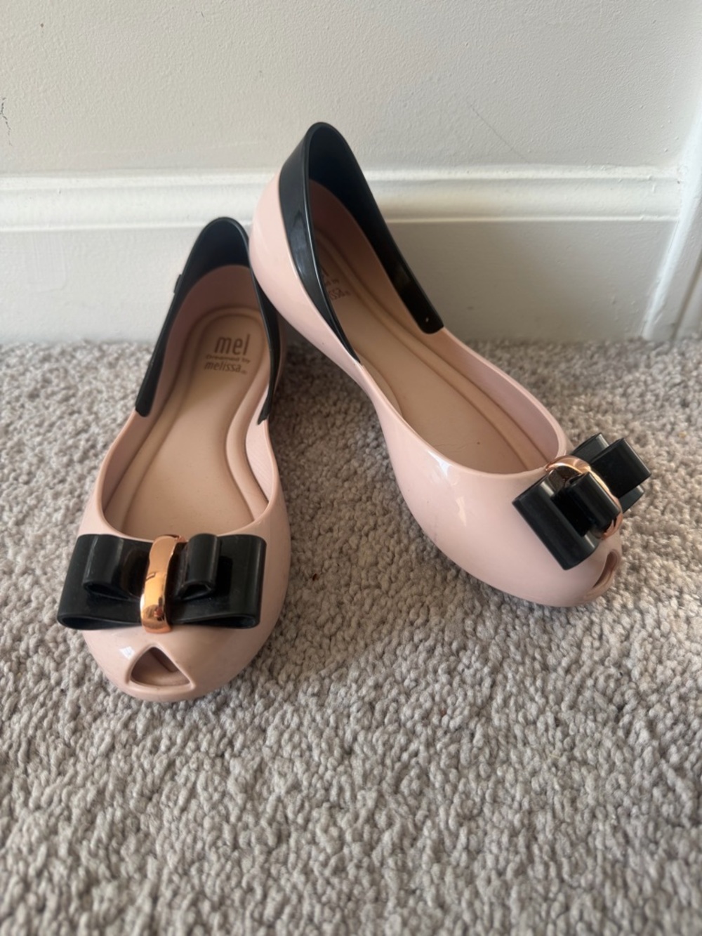 Mel Dreamed By Melissa Girls Pink Black Bow Slip On Flats Size 12